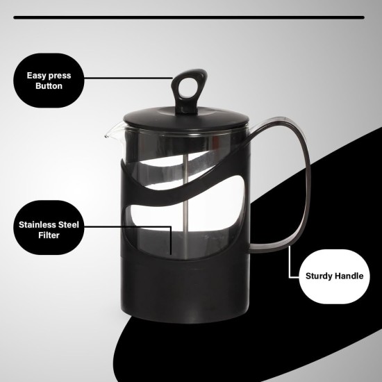 hanso French Press Coffee & Tea Maker for Home, Office, or On-the-Go - Heat-Resistant & Compact Design (Black, 600 ML)
