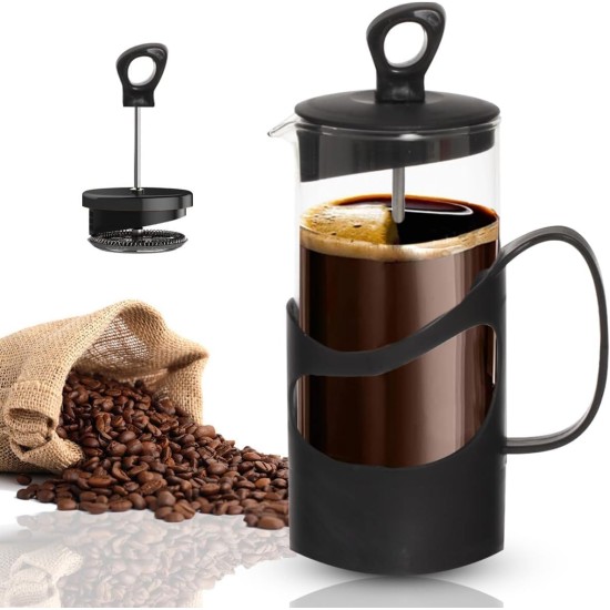 hanso French Press Coffee & Tea Maker for Home, Office, or On-the-Go - Heat-Resistant & Compact Design (Black, 600 ML)