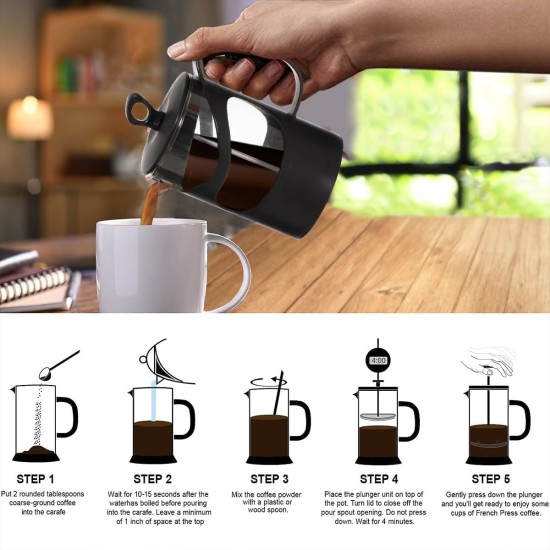 hanso French Press Coffee & Tea Maker for Home, Office, or On-the-Go - Heat-Resistant & Compact Design (Black, 600 ML)