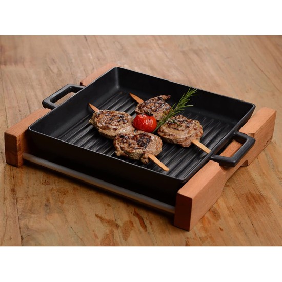 Lava LV ECO GT 2626 T2 K4 Cast Iron Grill Pan With Wooden and Stainless Steel Rack, Square, 26 x 26 cm - Black Lava LV ECO GT 2626 T2 K4 Cast Iron Grill Pan With Wooden and Stainless Steel Rack, Square, 26 x 26 cm - Black