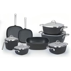 Saflon Granite Set 13 Pieces Power Line Square Black Stainless Steel Handle (4 Pots 18/20/24/28, Fry Pan 24 Cm, Tajin 31 Cm, Milk Pot 16 Cm, Grill Pan 28 Cm), 66603 GR