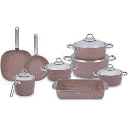 Saflon Granite Set 13 Pieces Round Black Stainless Steel Handle (4 Pots 18/20/24/28 Cm, Fry Pan 24 Cm, Oven Pan 28 Cm, Milk Pot 16 Cm, Grill Pan 28 Cm), 66513 GR
