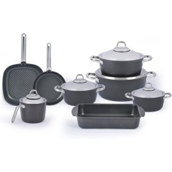 Saflon Titanium Set 13 pieces Round Mocha Stainless Steel Handle (4 Pots 18/20/24/28, Fry Pan 26 Cm, Milk Pot 16 Cm, Grill Pan 28 Cm)