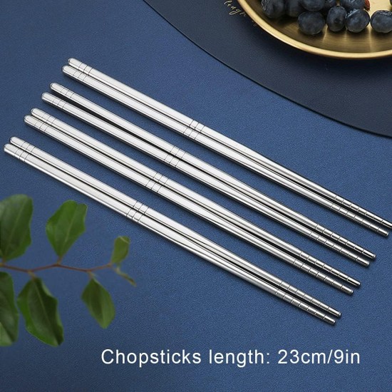 Xihuimay 5 Pairs 304 Stainless Steel Chopstick Set Non-Slip Chop Stick Pack 9 inches Metal Chopsticks Easy to Use Utensils Chinese Japanese Korean Chopstick for Cooking Eating Dishwasher Safe, Silver