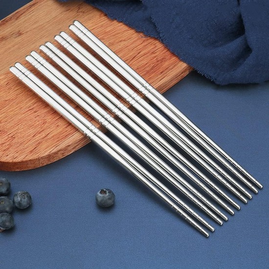 Xihuimay 5 Pairs 304 Stainless Steel Chopstick Set Non-Slip Chop Stick Pack 9 inches Metal Chopsticks Easy to Use Utensils Chinese Japanese Korean Chopstick for Cooking Eating Dishwasher Safe, Silver