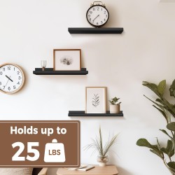 Annecy Floating Shelves Wall Mounted Set of 3, 16 Inch Black Rustic Wood Shelves for Wall, Wall Storage Shelves with Guardrail Design for Bedroom, Bathroom, Kitchen, Office, 3 Different Sizes