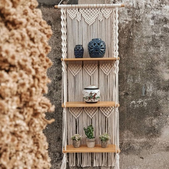 ELASAD Macrame Wall Hanging Plant Shelf, 3-Tier Macrame Shelves Boho Bathroom Shelf, Handmade Boho Floating Shelves for Plants and Decor ELASAD Macrame Wall Hanging Plant Shelf, 3-Tier Macrame Shelves Boho Bathroom Shelf, Handmade Boho Floating Shelves for Plants and Decor