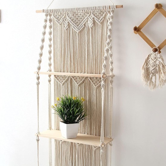 ELASAD Macrame Wall Hanging Plant Shelf, 3-Tier Macrame Shelves Boho Bathroom Shelf, Handmade Boho Floating Shelves for Plants and Decor ELASAD Macrame Wall Hanging Plant Shelf, 3-Tier Macrame Shelves Boho Bathroom Shelf, Handmade Boho Floating Shelves for Plants and Decor