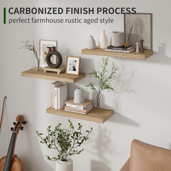 Floating Shelves, 17 Inch Wall Shelf Set of 3, Rustic Wood Shelves for Wall Storage, Wall Mounted Wooden Display Shelf for Bathroom Bedroom Kitchen Garage, Carbonized Black Floating Shelves, 17 Inch Wall Shelf Set of 3, Rustic Wood Shelves for Wall Storage, Wall Mounted Wooden Display Shelf for Bathroom Bedroom Kitchen Garage, Carbonized Black