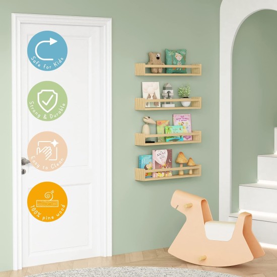 Forbena Natural Wood Nursery Bookshelves for Wall, 24 Inches Long Floating Book Shelves, Wall Mounted Bookcase for Teen Girl Boy Kids Room Bedroom, Playroom Organizer, Bathroom Decor (4-Pack)