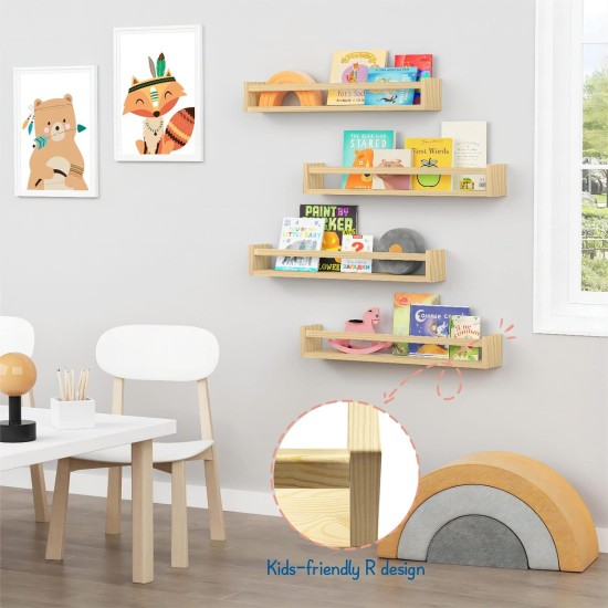 Forbena Natural Wood Nursery Bookshelves for Wall, 24 Inches Long Floating Book Shelves, Wall Mounted Bookcase for Teen Girl Boy Kids Room Bedroom, Playroom Organizer, Bathroom Decor (4-Pack)