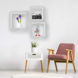 Halter Square Wood Shelves, Floating Wall Shelves for Bathroom, Bedroom, Living Room, and Kitchen, Wooden Office Shelves, Floating Shelf for Wall Storage, Wall Mounted Floating Shelf, White, Set of 3