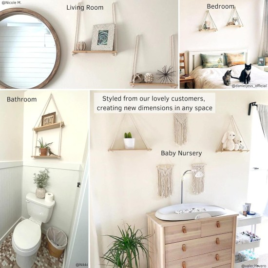 Hanging Shelves for Wall [Set of 2 w/ Hooks] Floating Shelves, Macrame Rope Triangle Shelf, Natural Light Reclaimed Wood, Farmhouse Rustic Modern Plant Aesthetic, Boho Dorm Living Room Bedroom Decor