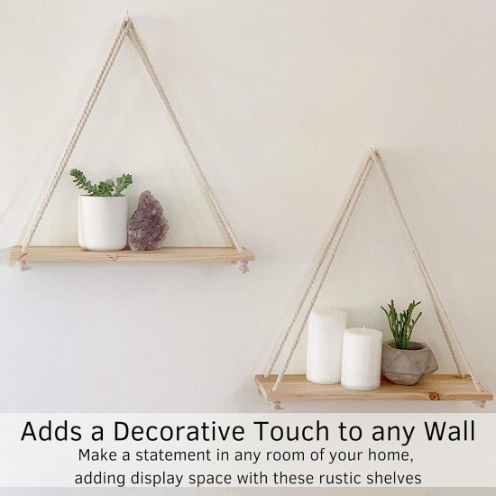 Hanging Shelves for Wall [Set of 2 w/ Hooks] Floating Shelves, Macrame Rope Triangle Shelf, Natural Light Reclaimed Wood, Farmhouse Rustic Modern Plant Aesthetic, Boho Dorm Living Room Bedroom Decor