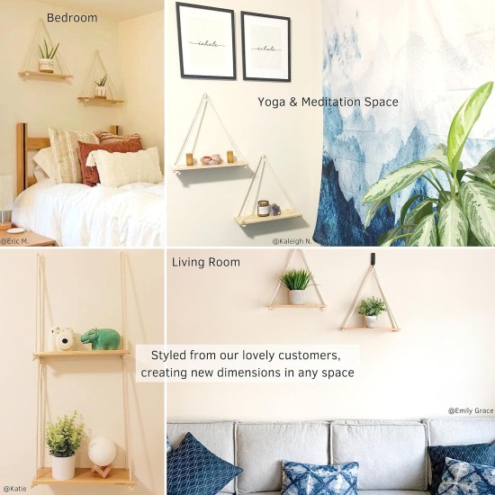 Hanging Shelves for Wall [Set of 2 w/ Hooks] Floating Shelves, Macrame Rope Triangle Shelf, Natural Light Reclaimed Wood, Farmhouse Rustic Modern Plant Aesthetic, Boho Dorm Living Room Bedroom Decor