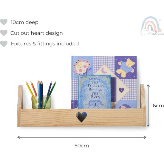 Haus Projekt Wall Shelf, (2 Pack Pine) Children’s Heart Floating Bookshelf Organiser, Nursery Decor, Wall Mounted Wooden Storage Solution, Shelves for Kids Playroom, Shelving Unit, 50x10x16cm