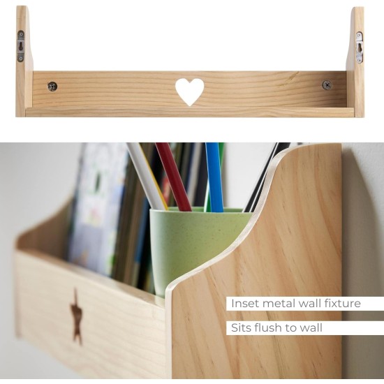 Haus Projekt Wall Shelf, (2 Pack Pine) Children’s Heart Floating Bookshelf Organiser, Nursery Decor, Wall Mounted Wooden Storage Solution, Shelves for Kids Playroom, Shelving Unit, 50x10x16cm