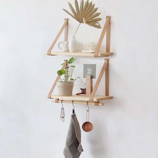 PU Biege Leather Strap Wall Floating Shelves 45X20 Biege PU Biege Leather Strap Wall Floating Shelves 45X20 Biege