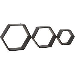 Wall mounted hexagon floating shelves, wooden wall organizer hanging shelf for home decor(3pcs)-black