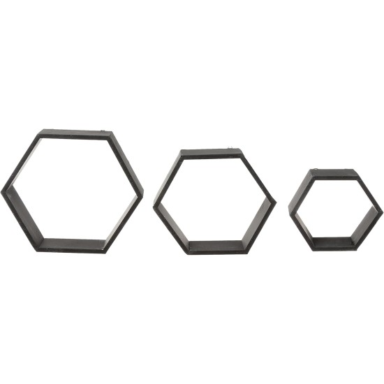 Wall mounted hexagon floating shelves, wooden wall organizer hanging shelf for home decor(3pcs)-black