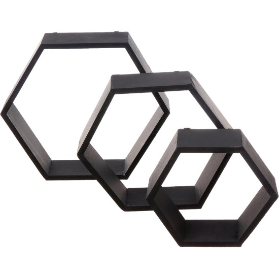 Wall mounted hexagon floating shelves, wooden wall organizer hanging shelf for home decor(3pcs)-black