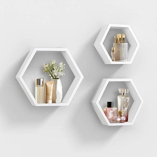 Wall mounted hexagon floating shelves, wooden wall organizer hanging shelf for home decor(3pcs)-black