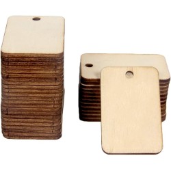 100 PCS 2” x 1.3” Inches Unfinished Wood Squares Unfinished Wood Pieces Rectangle-Shaped, Light Wooden Cutout Natural Rustic with Hole and 2M Hemp Rope for Painting, Writing, DIY Supplies