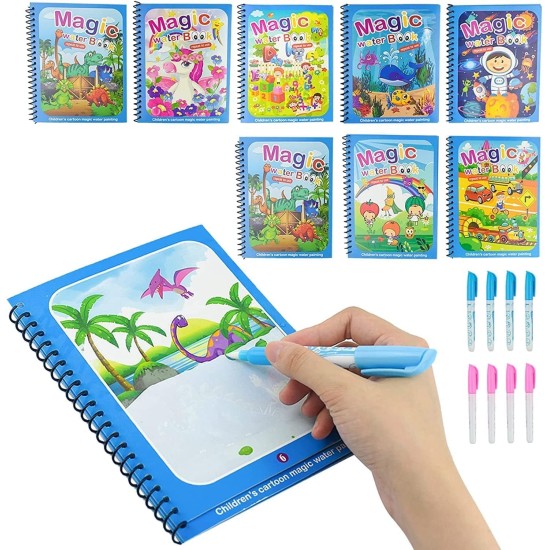 REZNOR Quick Dry Re-Usable Magic Coloring Water Book Doodle with Magic Pen Painting Board for Children Education Drawing Pad (Random Design) (Pack of 8)