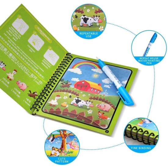 REZNOR Quick Dry Re-Usable Magic Coloring Water Book Doodle with Magic Pen Painting Board for Children Education Drawing Pad (Random Design) (Pack of 8)