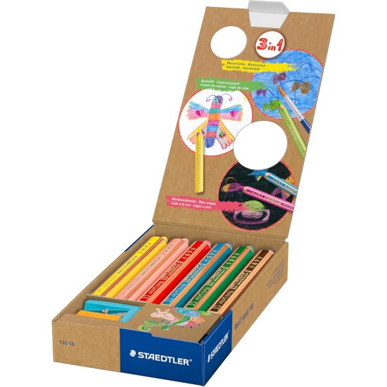 Staedtler noris junior 3-in-1 colouring pencil pack of 6 assorted colours + sharpener Staedtler noris junior 3-in-1 colouring pencil pack of 6 assorted colours + sharpener