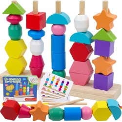 Montessori Toy Wooden Bead Sequence Set, Leather Beads, Stacking Tool and Matching Stacking Blocks for 2 3 4 5 Year Old, Montessori Fine Motor Skills Learning Toy for Preschool Toddlers