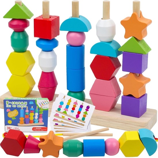 Montessori Toy Wooden Bead Sequence Set, Leather Beads, Stacking Tool and Matching Stacking Blocks for 2 3 4 5 Year Old, Montessori Fine Motor Skills Learning Toy for Preschool Toddlers Montessori Toy Wooden Bead Sequence Set, Leather Beads, Stacking Tool and Matching Stacking Blocks for 2 3 4 5 Year Old, Montessori Fine Motor Skills Learning Toy for Preschool Toddlers