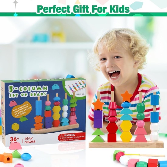 Montessori Toy Wooden Bead Sequence Set, Leather Beads, Stacking Tool and Matching Stacking Blocks for 2 3 4 5 Year Old, Montessori Fine Motor Skills Learning Toy for Preschool Toddlers Montessori Toy Wooden Bead Sequence Set, Leather Beads, Stacking Tool and Matching Stacking Blocks for 2 3 4 5 Year Old, Montessori Fine Motor Skills Learning Toy for Preschool Toddlers