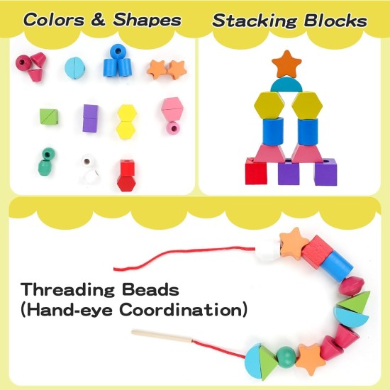 Montessori Toy Wooden Bead Sequence Set, Leather Beads, Stacking Tool and Matching Stacking Blocks for 2 3 4 5 Year Old, Montessori Fine Motor Skills Learning Toy for Preschool Toddlers Montessori Toy Wooden Bead Sequence Set, Leather Beads, Stacking Tool and Matching Stacking Blocks for 2 3 4 5 Year Old, Montessori Fine Motor Skills Learning Toy for Preschool Toddlers