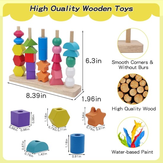 Montessori Toy Wooden Bead Sequence Set, Leather Beads, Stacking Tool and Matching Stacking Blocks for 2 3 4 5 Year Old, Montessori Fine Motor Skills Learning Toy for Preschool Toddlers Montessori Toy Wooden Bead Sequence Set, Leather Beads, Stacking Tool and Matching Stacking Blocks for 2 3 4 5 Year Old, Montessori Fine Motor Skills Learning Toy for Preschool Toddlers