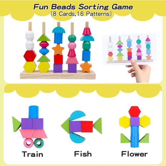 Montessori Toy Wooden Bead Sequence Set, Leather Beads, Stacking Tool and Matching Stacking Blocks for 2 3 4 5 Year Old, Montessori Fine Motor Skills Learning Toy for Preschool Toddlers Montessori Toy Wooden Bead Sequence Set, Leather Beads, Stacking Tool and Matching Stacking Blocks for 2 3 4 5 Year Old, Montessori Fine Motor Skills Learning Toy for Preschool Toddlers