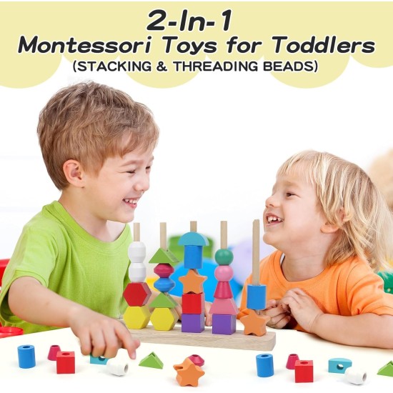 Montessori Toy Wooden Bead Sequence Set, Leather Beads, Stacking Tool and Matching Stacking Blocks for 2 3 4 5 Year Old, Montessori Fine Motor Skills Learning Toy for Preschool Toddlers Montessori Toy Wooden Bead Sequence Set, Leather Beads, Stacking Tool and Matching Stacking Blocks for 2 3 4 5 Year Old, Montessori Fine Motor Skills Learning Toy for Preschool Toddlers
