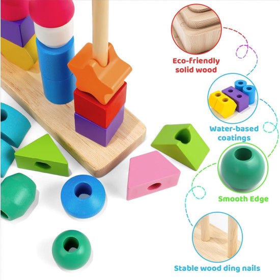 Montessori Toy Wooden Bead Sequence Set, Leather Beads, Stacking Tool and Matching Stacking Blocks for 2 3 4 5 Year Old, Montessori Fine Motor Skills Learning Toy for Preschool Toddlers Montessori Toy Wooden Bead Sequence Set, Leather Beads, Stacking Tool and Matching Stacking Blocks for 2 3 4 5 Year Old, Montessori Fine Motor Skills Learning Toy for Preschool Toddlers