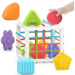 Montessori Toys for 1 Year Old,Baby Sorter Toy Colorful Cube and 6 Pcs Multi Sensory Shape, Toddler Developmental Learning Toys Birthday Gifts,Baby Toys 6-12-18 Months