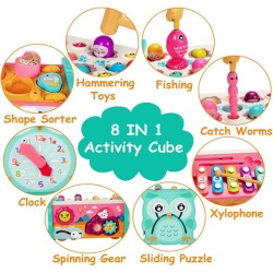 Soofam 8 in 1 Toddler Activity Cube, Baby Montessori Developmental Toy Fine Motor Skills,Educational Hammering Toys Sensory Fishing Games Xylophone Shape Sorter Busy Toy for 1-4 Year Old Boy Girl Gift