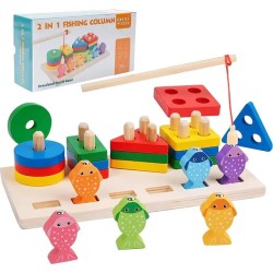 2 in 1 Wooden Fishing Game for Kids - Color Sorting & Sorting Skill Educational Toy - Wooden Educational Toy Fishing Poles for Colors and Shapes - Educational Toys for Kids - Wooden Toys for Kids