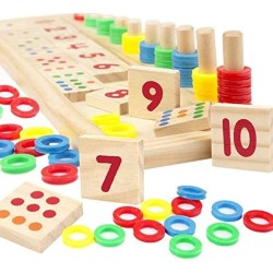 Kid's Early Education Wooden Math Blocks Sorting Puzzle Board Counting Numbers 0-10 Ring Stacker Toys