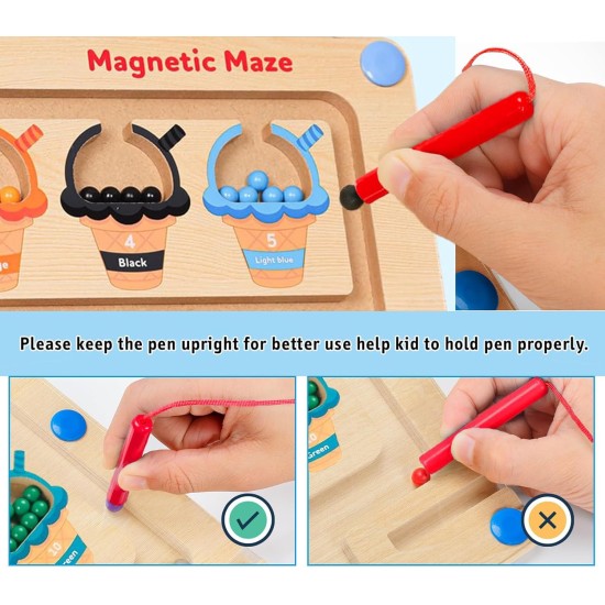 Magnetic Game Labyrinth Toy from 2 3 4 5 6 Years Sorting Game Learning Games Montessori Toy Gift for Girls Boys Birthday, Wooden Toy, Busy Board for Learning Colours, Numbers, Motor Skills