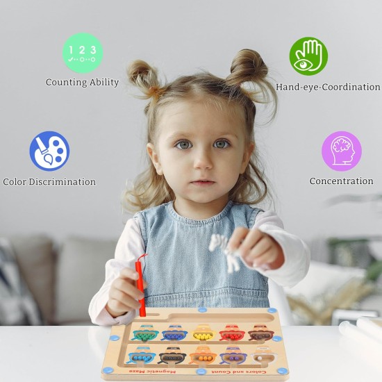 Magnetic Game Labyrinth Toy from 2 3 4 5 6 Years Sorting Game Learning Games Montessori Toy Gift for Girls Boys Birthday, Wooden Toy, Busy Board for Learning Colours, Numbers, Motor Skills