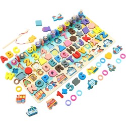 Vianz 7 in 1 Montessori Wooden Puzzle Toy, Alphabets, Numbers, Shapes, Vehicles, Fishing Game, Rings Stacking, Preschool Counting Toy, Educational Learning Toy for Toddlers