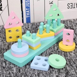 Wooden Shapes Geometric Board Blocks Sorting and Stacking, Montessori Education Colour Recognition Toys for Kids - 4 Columns with 16 Pieces - Mulicolor