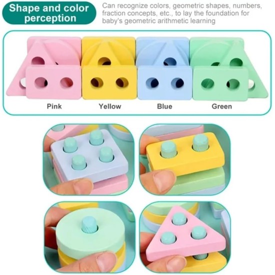Wooden Shapes Geometric Board Blocks Sorting and Stacking, Montessori Education Colour Recognition Toys for Kids - 4 Columns with 16 Pieces - Mulicolor