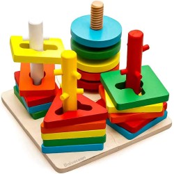 Univocean 4 Columns Geometric Shape Wooden Stacking Puzzle for Kids/Baby/Child