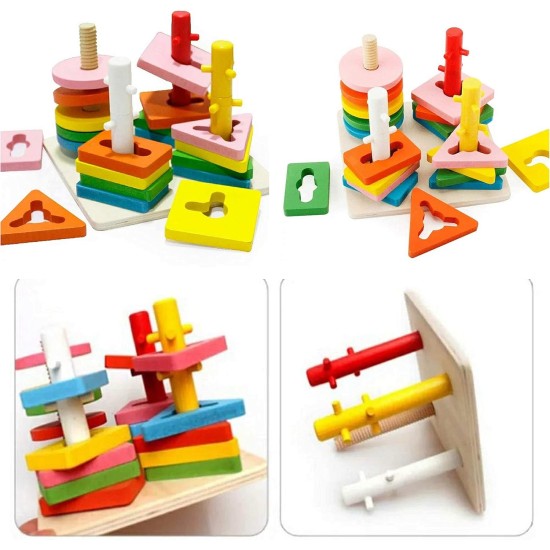 Univocean 4 Columns Geometric Shape Wooden Stacking Puzzle for Kids/Baby/Child Univocean 4 Columns Geometric Shape Wooden Stacking Puzzle for Kids/Baby/Child