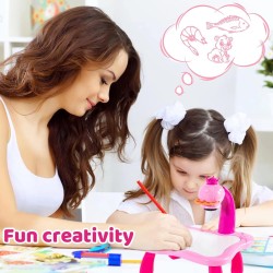 Drawing Projector for Kids，Trace and Painting Board Toy with Light & Music，Kid Smart Sketcher Early Learning Writing Board，Toddler Child Pink Led Art Drawing Sketcher Desk Toy for Boy Girl 3-8T (Pink)